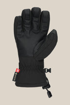 The 686 Women's GORE-TEX Linear™ Glove, a black glove with reinforced fingers and thumb, an adjustable wrist strap, and a Gore-Tex tag, is shown against a light beige background.