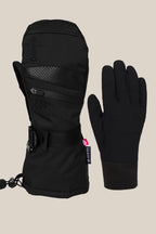 The 686 Women’s GORE-TEX SMARTY® 3-In-1 Gauntlet Mitt features an insulated, waterproof poly mitt with wrist strap and zipper, plus a slim fleece-lined glove, both from 686, displayed on a plain beige background.