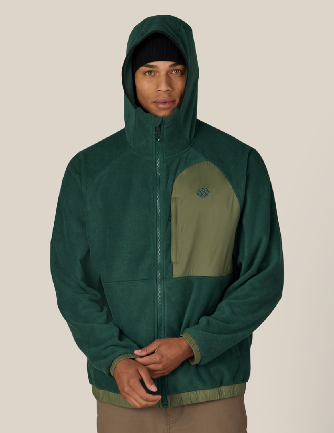 MENS LOWLAND FLEECE HOODY - MOSS GREEN COLORBLOCK